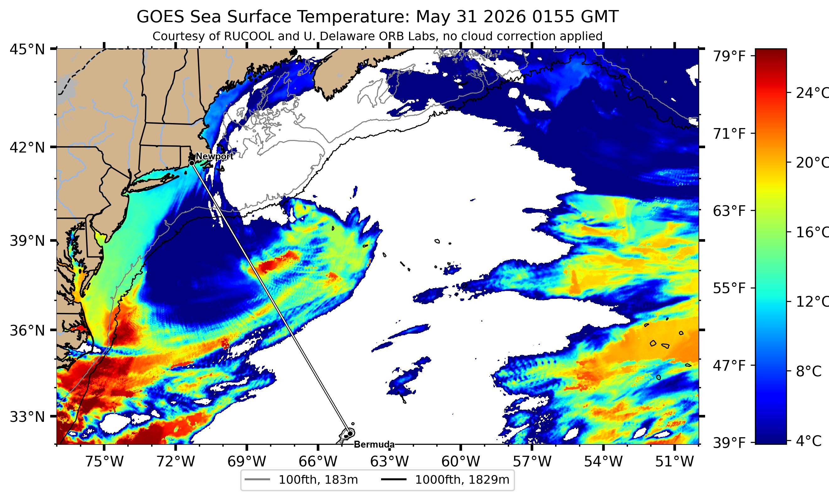 Gulf Stream sea-surface temperature near the Newport–Bermuda rhumb — clearest Rutgers RUCOOL satellite pass, 2026-05-31