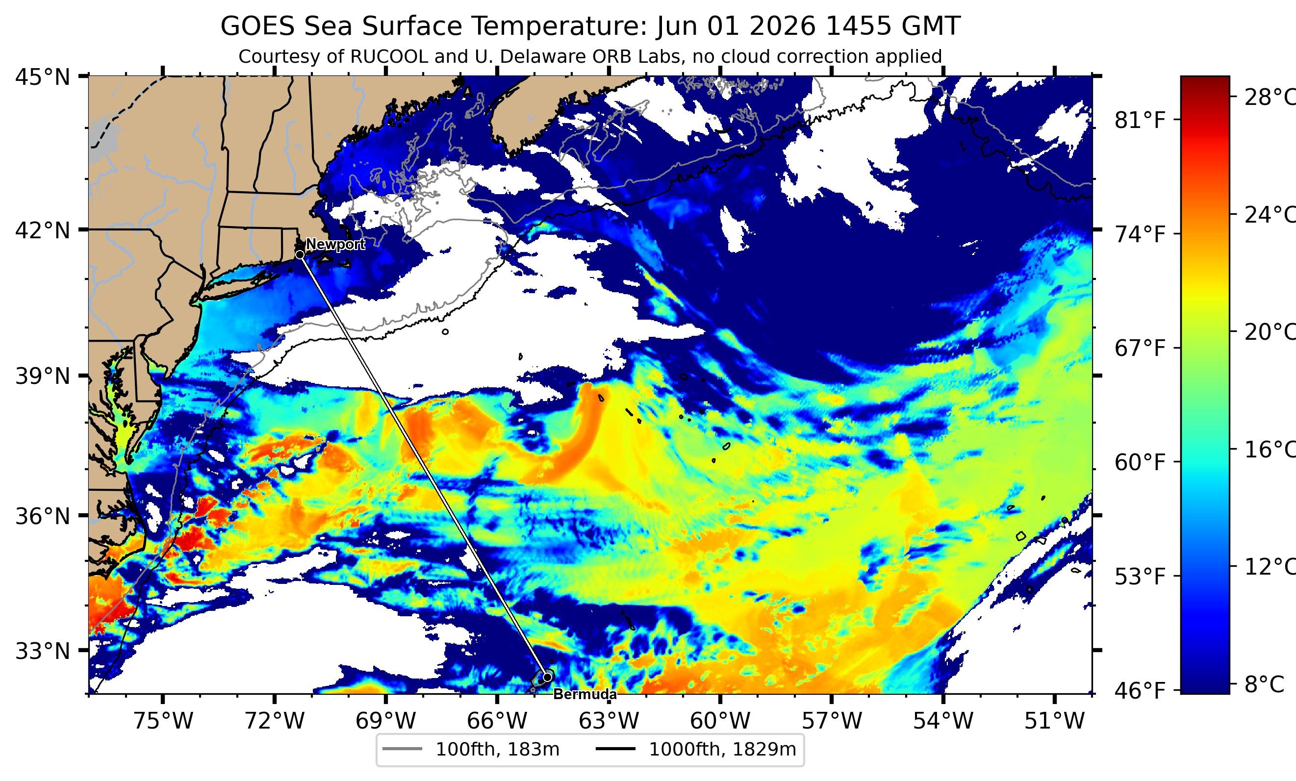 Gulf Stream sea-surface temperature near the Newport–Bermuda rhumb — clearest Rutgers RUCOOL satellite pass, 2026-06-01