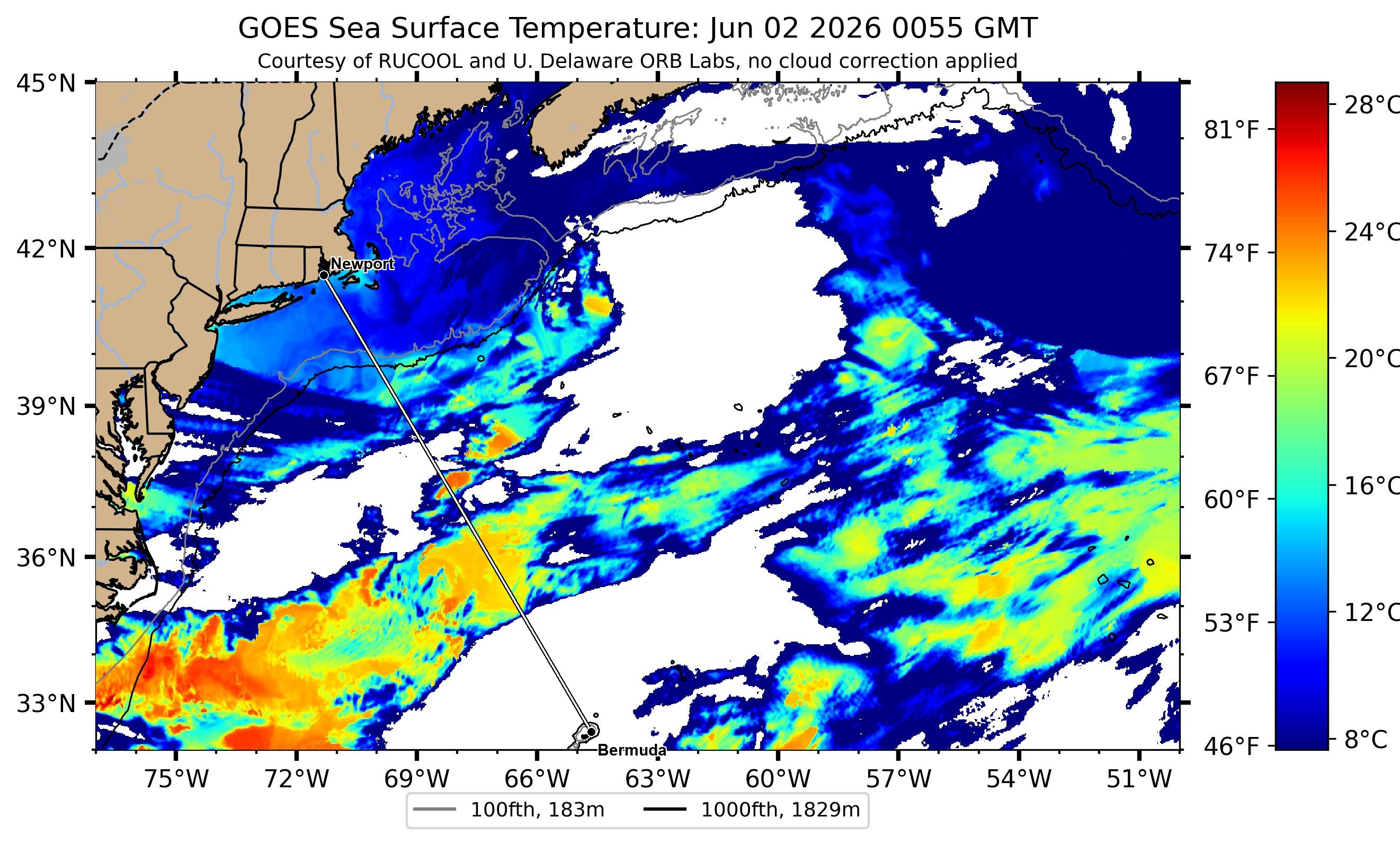 Gulf Stream sea-surface temperature near the Newport–Bermuda rhumb — clearest Rutgers RUCOOL satellite pass, 2026-06-02