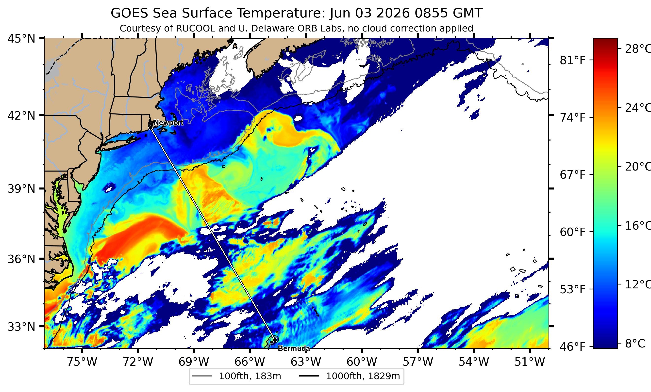 Gulf Stream sea-surface temperature near the Newport–Bermuda rhumb — clearest Rutgers RUCOOL satellite pass, 2026-06-03
