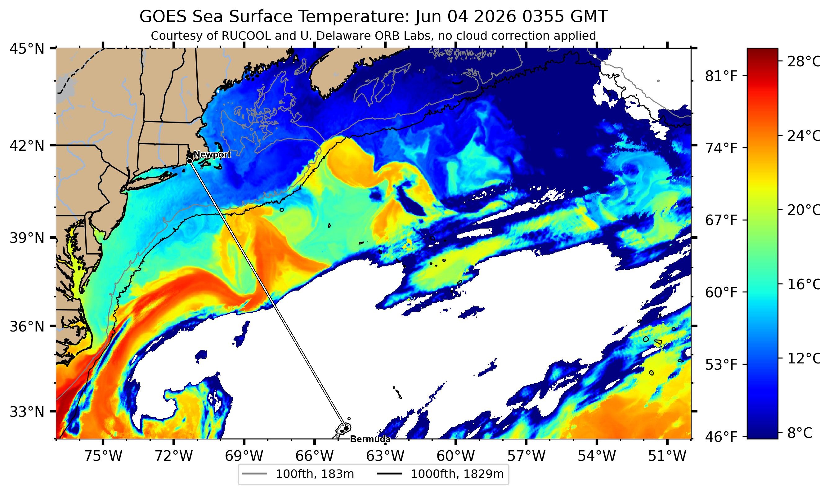 Gulf Stream sea-surface temperature near the Newport–Bermuda rhumb — clearest Rutgers RUCOOL satellite pass, 2026-06-04