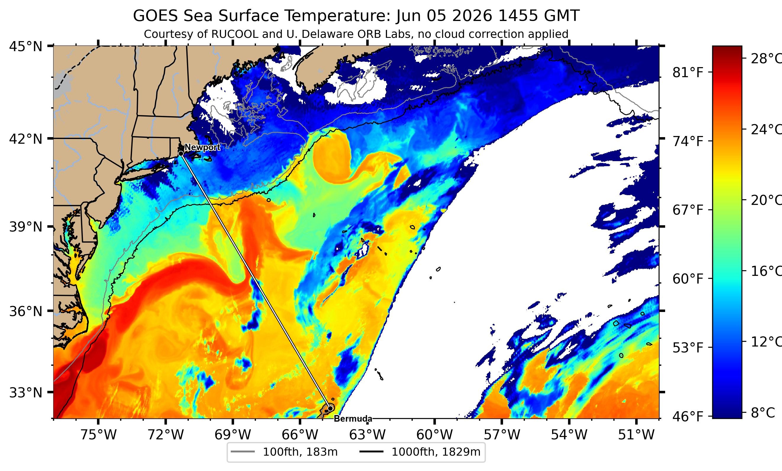 Gulf Stream sea-surface temperature near the Newport–Bermuda rhumb — clearest Rutgers RUCOOL satellite pass, 2026-06-05