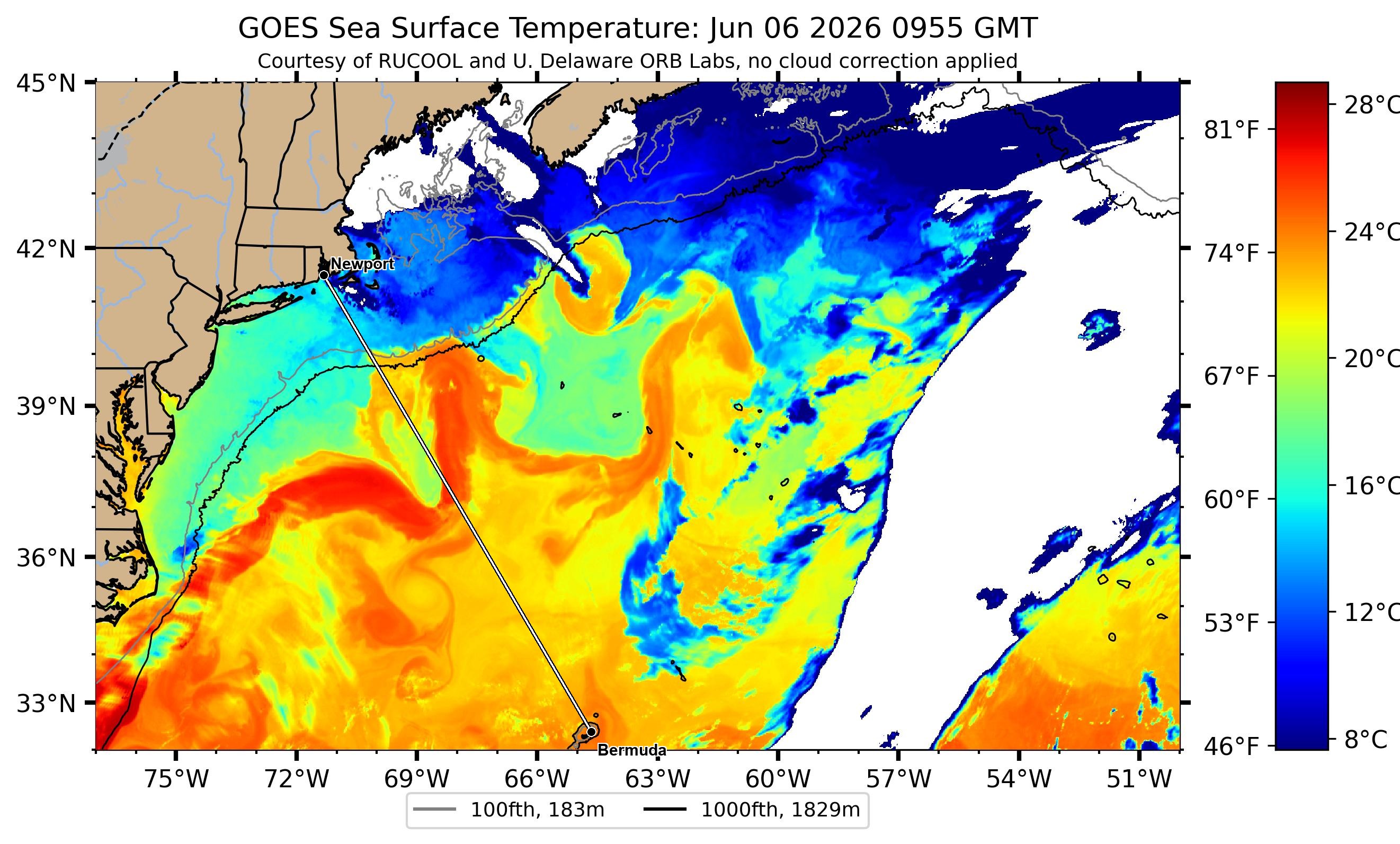 Gulf Stream sea-surface temperature near the Newport–Bermuda rhumb — clearest Rutgers RUCOOL satellite pass, 2026-06-06
