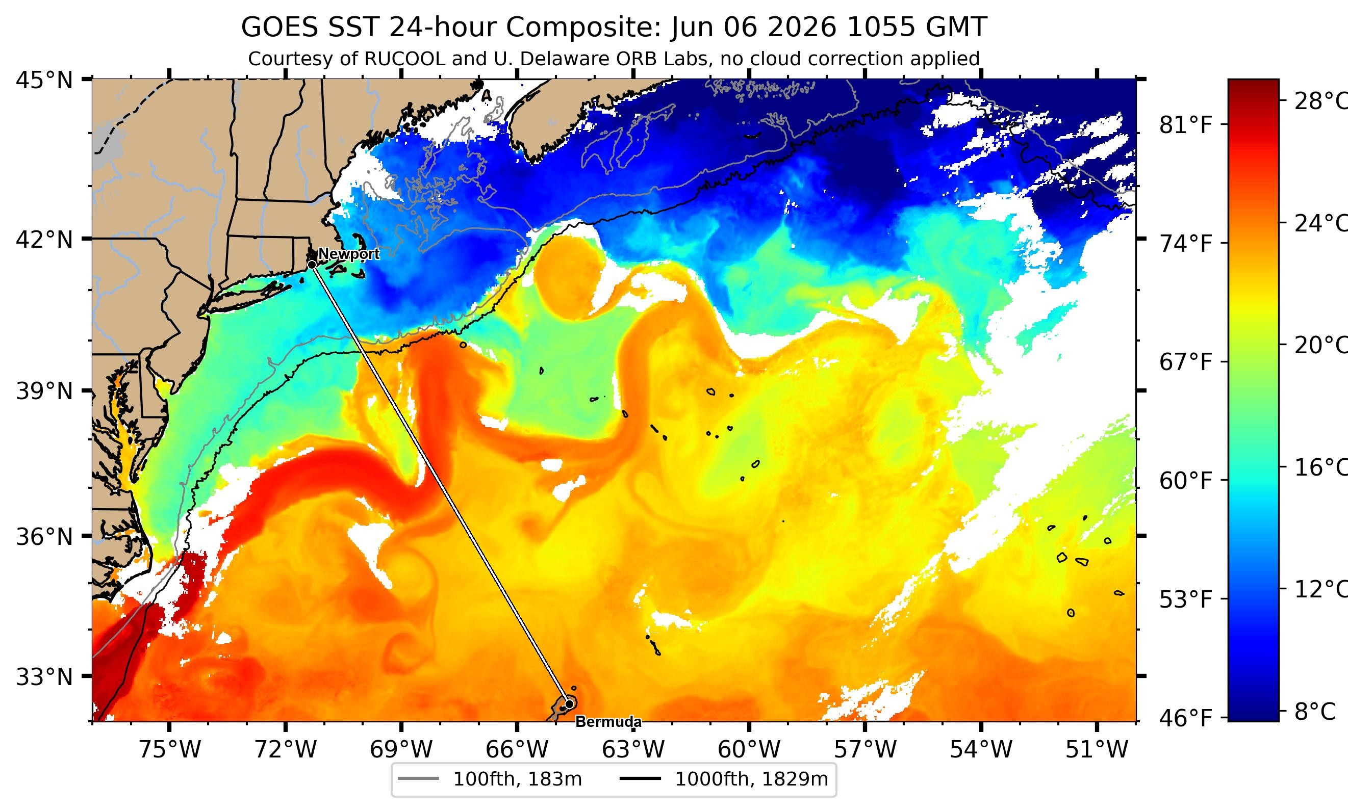 Gulf Stream sea-surface temperature near the Newport–Bermuda rhumb — clearest Rutgers RUCOOL satellite pass, 2026-06-07