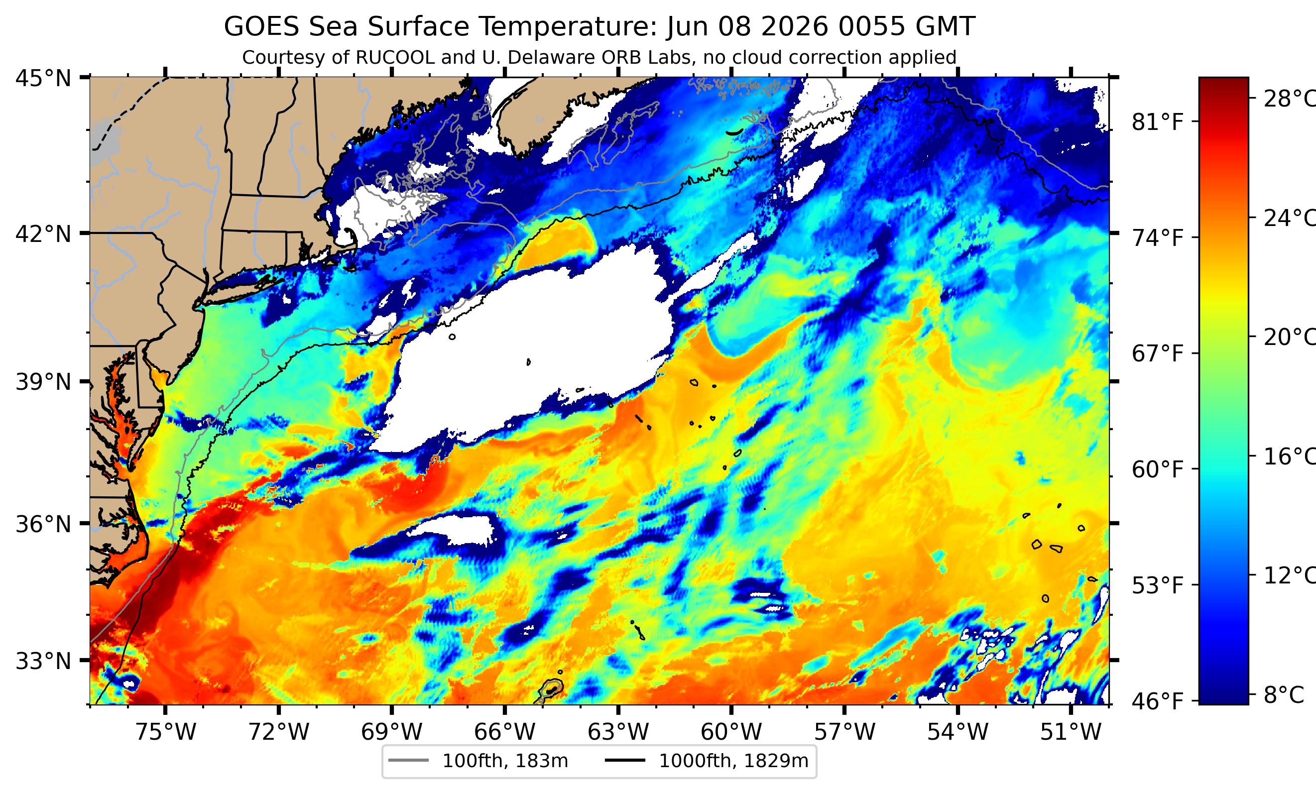 Gulf Stream sea-surface temperature near the Newport–Bermuda rhumb — clearest Rutgers RUCOOL satellite pass, 2026-06-08