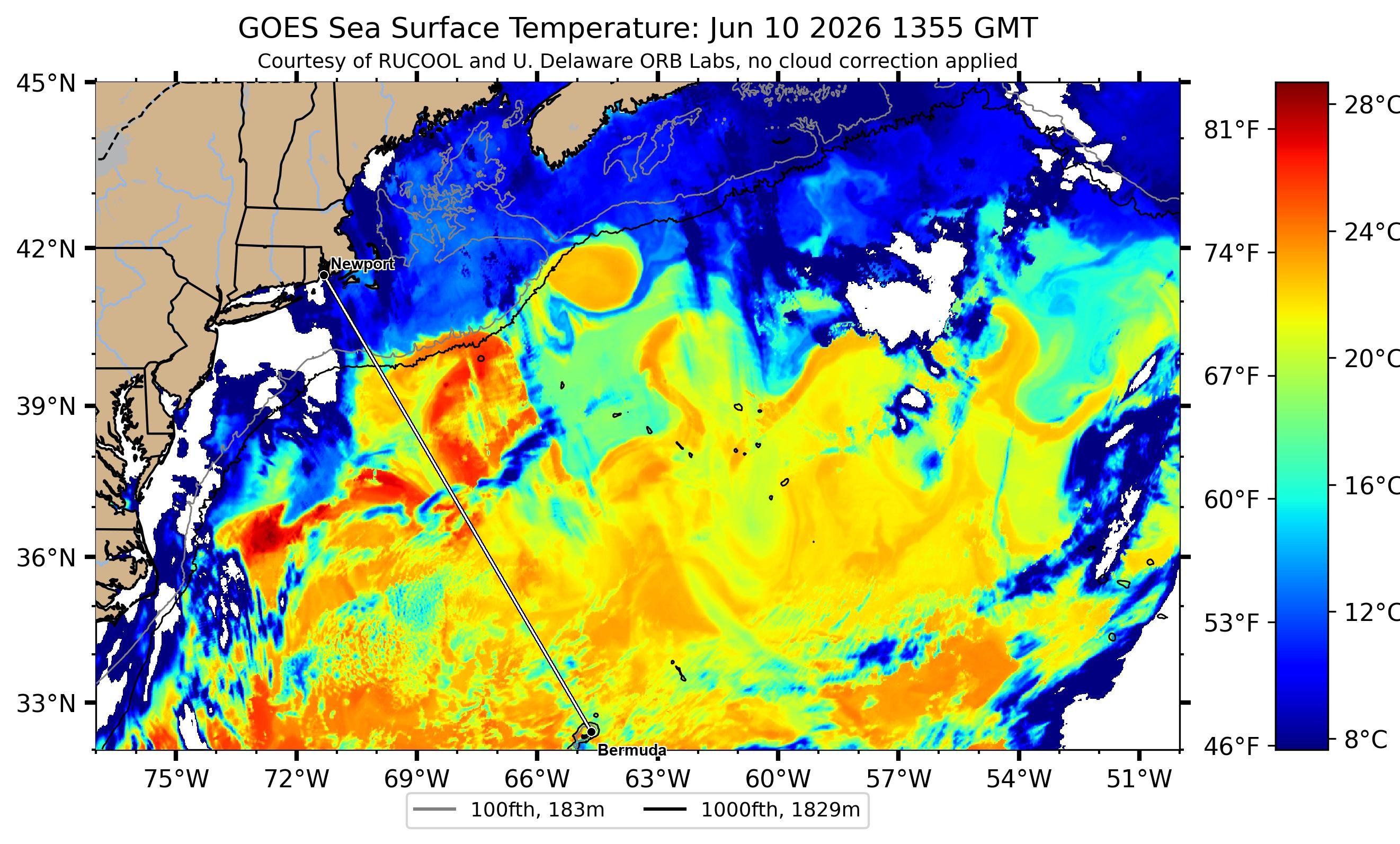 Gulf Stream sea-surface temperature near the Newport–Bermuda rhumb — clearest Rutgers RUCOOL satellite pass, 2026-06-10