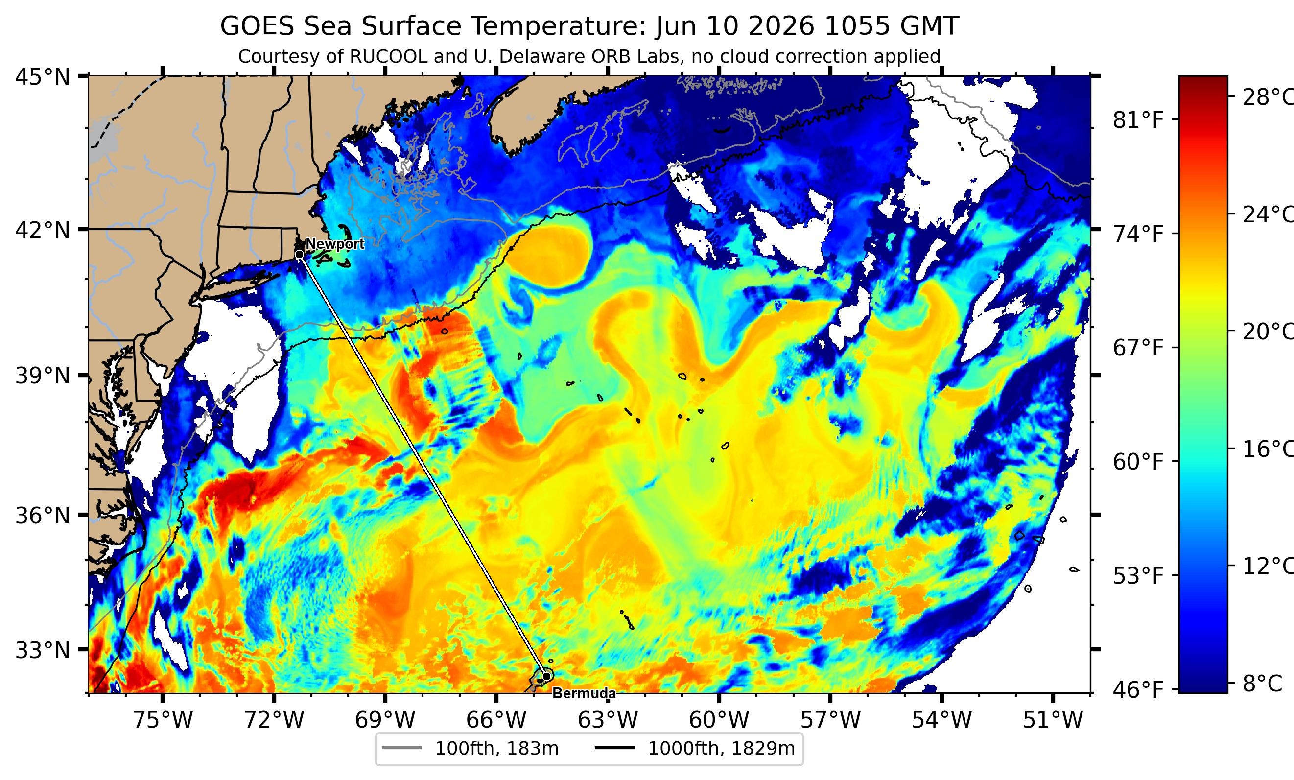 Gulf Stream sea-surface temperature near the Newport–Bermuda rhumb — clearest Rutgers RUCOOL satellite pass, 2026-06-11