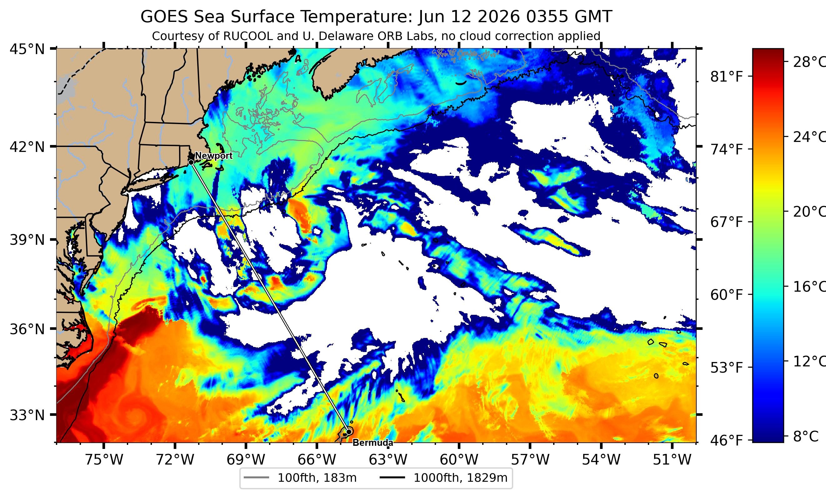 Gulf Stream sea-surface temperature near the Newport–Bermuda rhumb — clearest Rutgers RUCOOL satellite pass, 2026-06-12