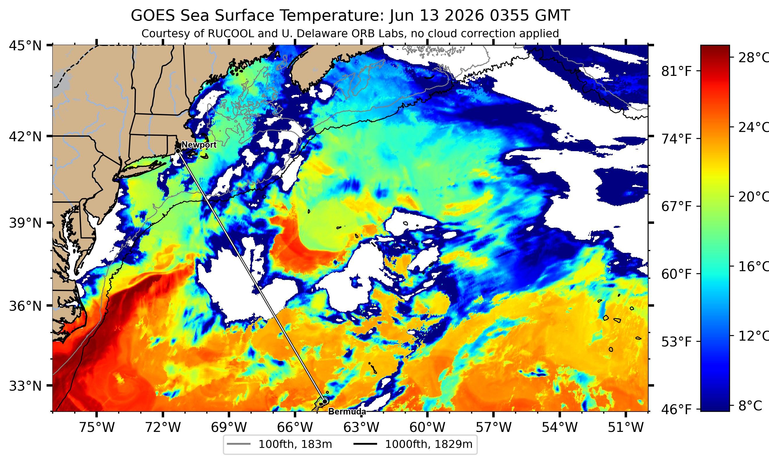 Gulf Stream sea-surface temperature near the Newport–Bermuda rhumb — clearest Rutgers RUCOOL satellite pass, 2026-06-13