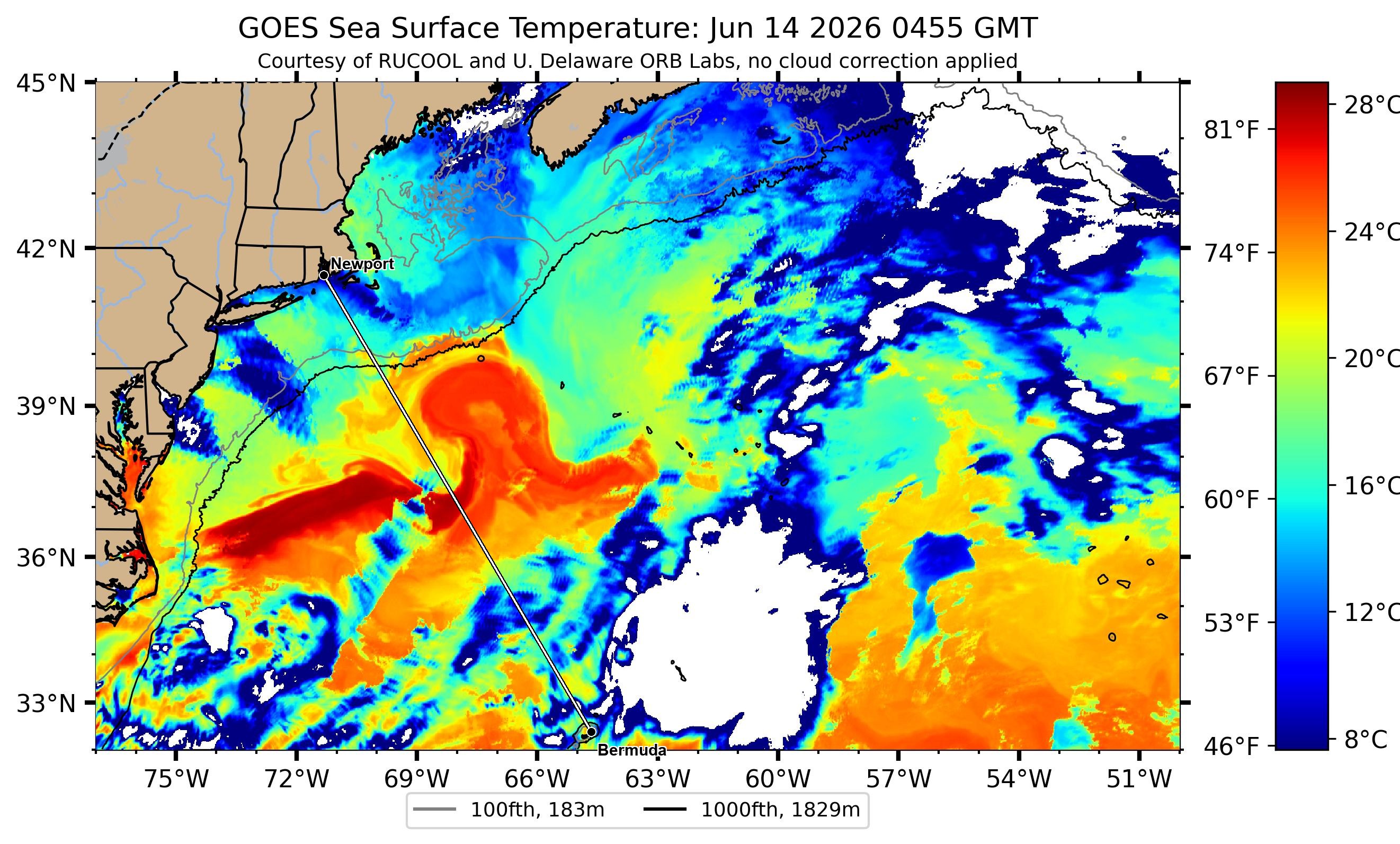 Gulf Stream sea-surface temperature near the Newport–Bermuda rhumb — clearest Rutgers RUCOOL satellite pass, 2026-06-14