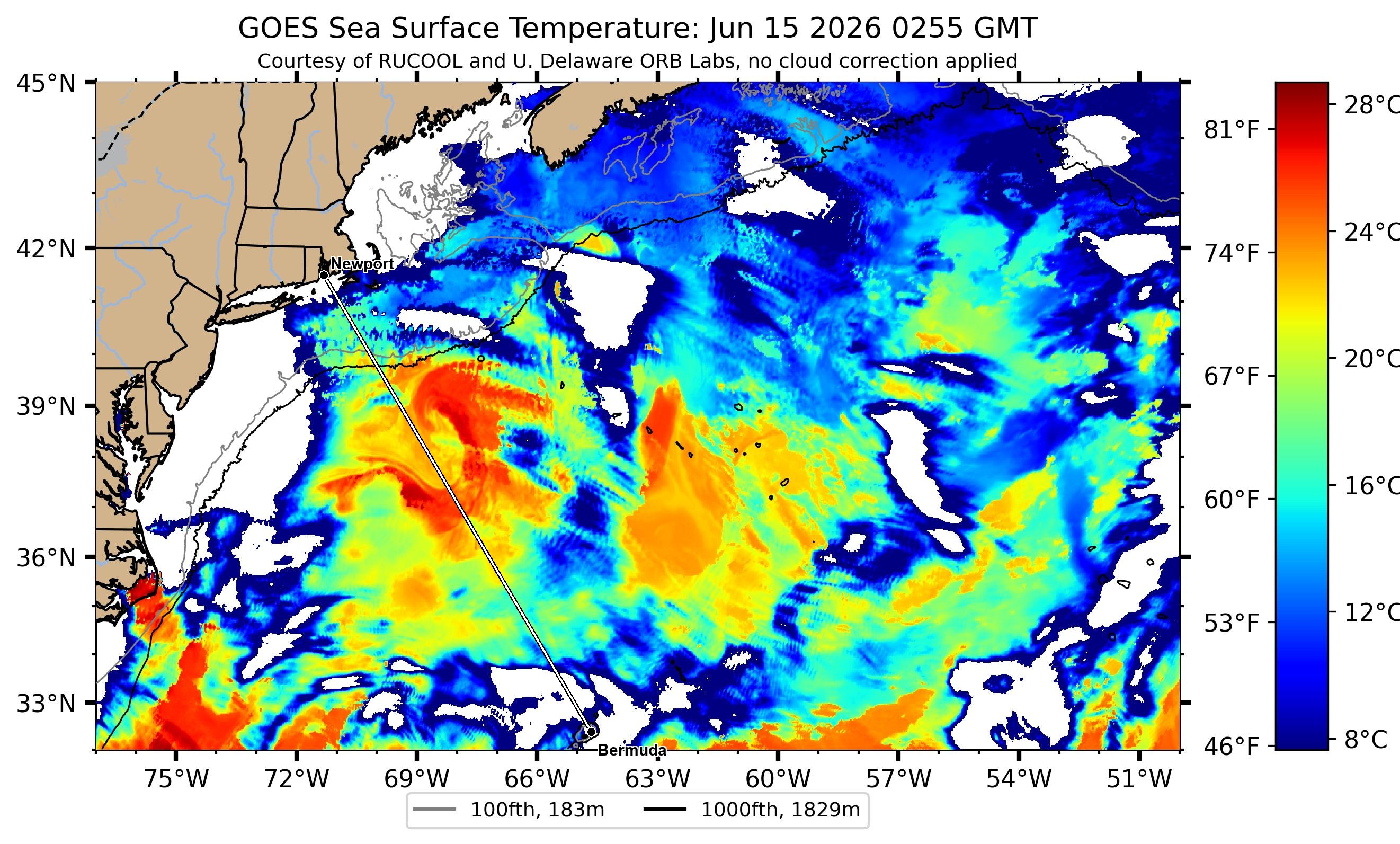 Gulf Stream sea-surface temperature near the Newport–Bermuda rhumb — clearest Rutgers RUCOOL satellite pass, 2026-06-15