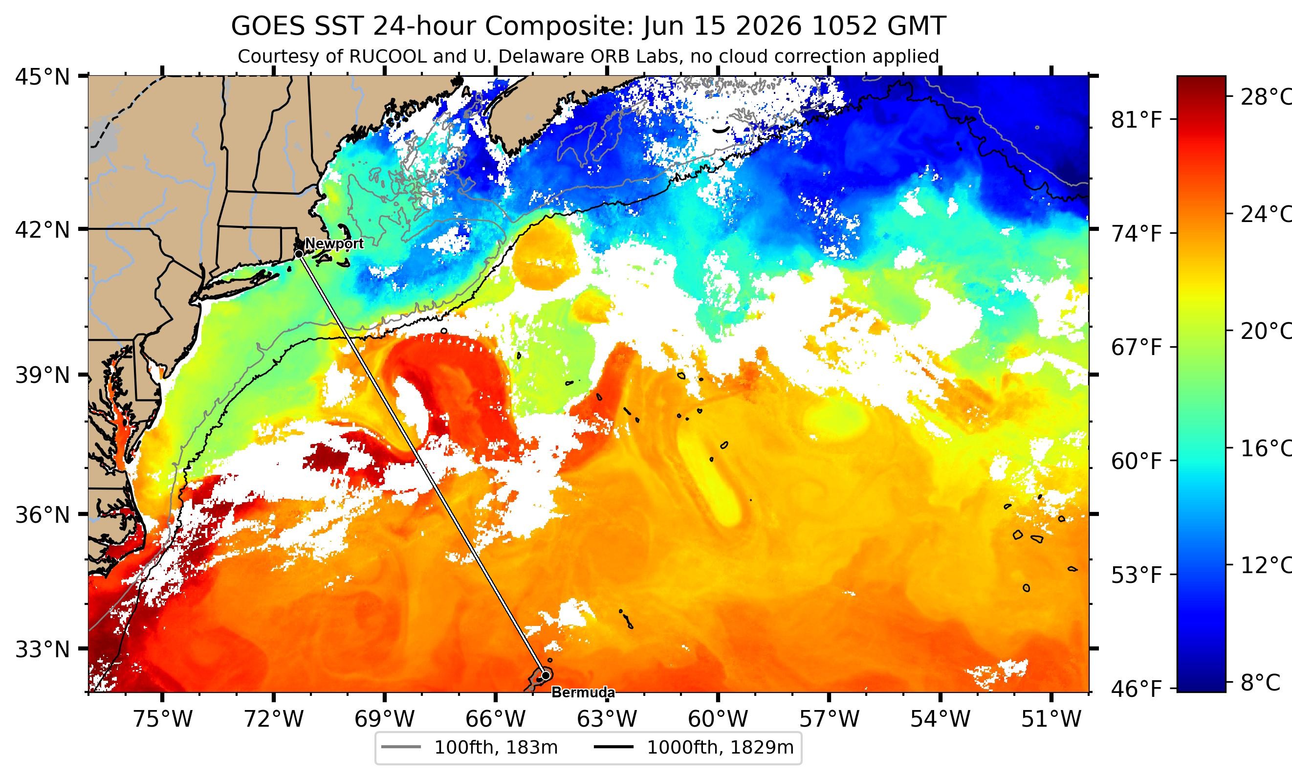 Gulf Stream sea-surface temperature near the Newport–Bermuda rhumb — clearest Rutgers RUCOOL satellite pass, 2026-06-16