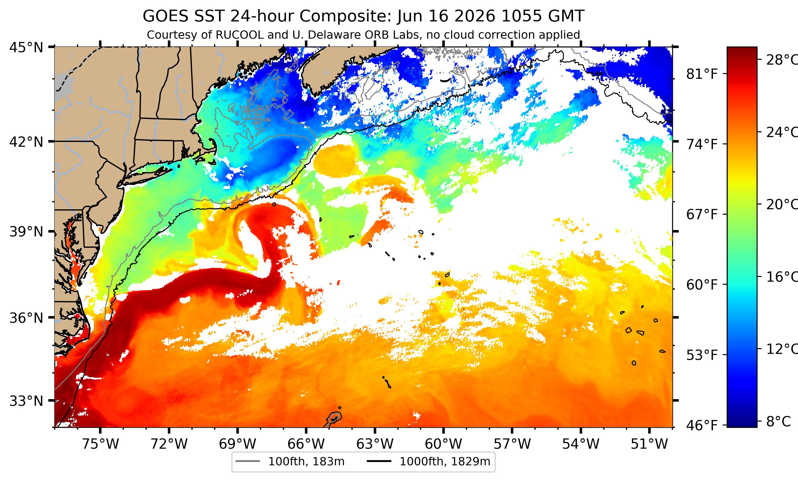 Gulf Stream sea-surface temperature near the Newport–Bermuda rhumb — clearest Rutgers RUCOOL satellite pass, 2026-06-17