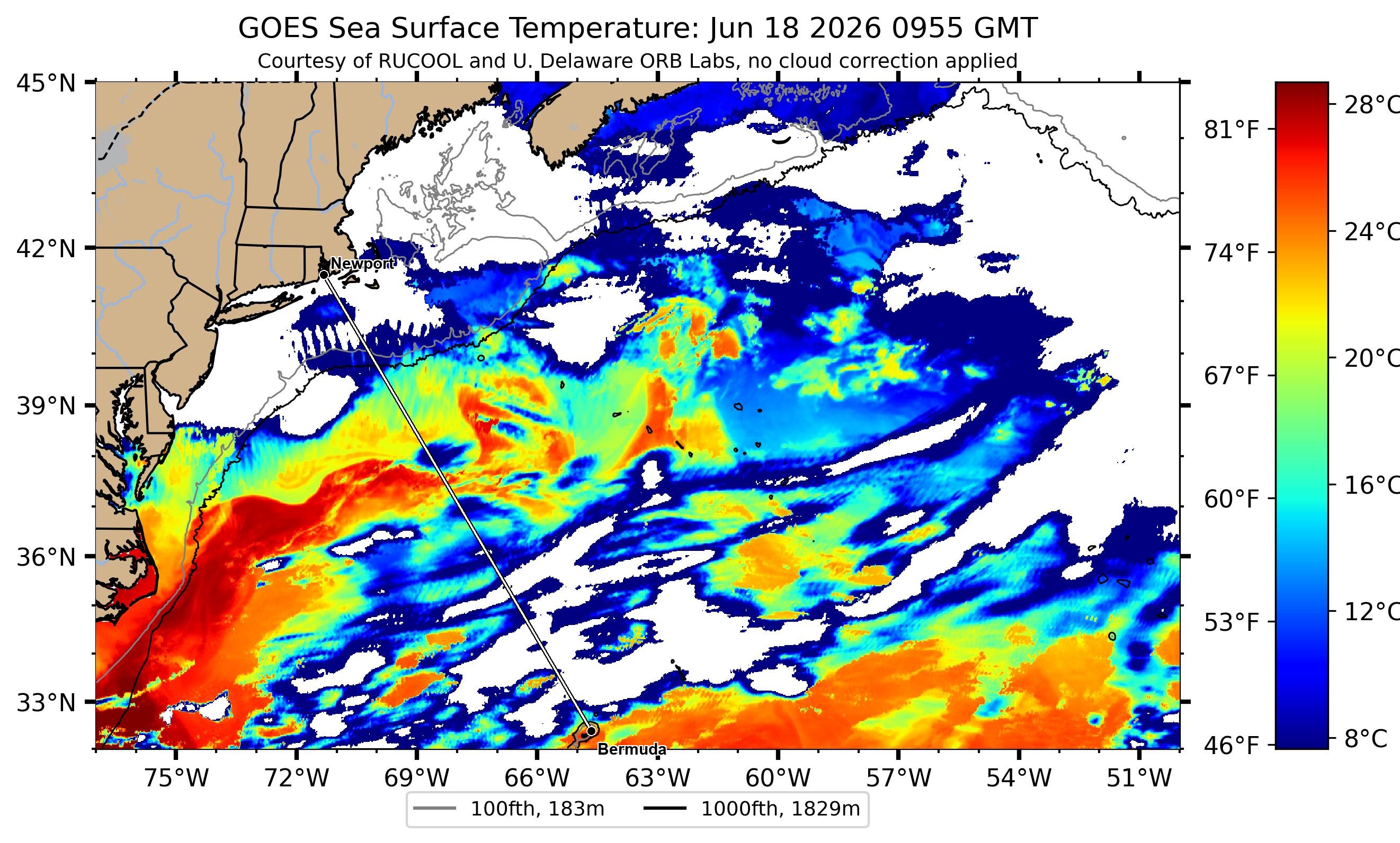 Gulf Stream sea-surface temperature near the Newport–Bermuda rhumb — clearest Rutgers RUCOOL satellite pass, 2026-06-18