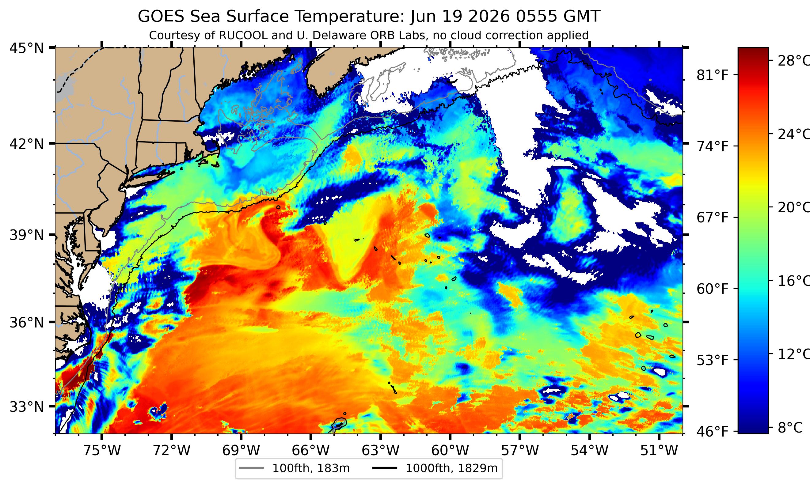 Gulf Stream sea-surface temperature near the Newport–Bermuda rhumb — Rutgers RUCOOL satellite, 2026-06-19