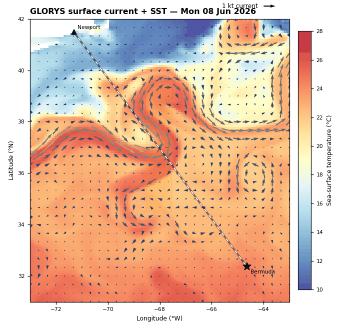 GLORYS surface current + SST — 8-day rolling evolution loop (current day plus the previous 7), date-stamped per frame