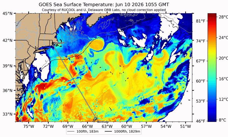 Gulf Stream SST daily evolution loop — RUCOOL/Rutgers GOES sea-surface temperature, the current day plus the previous 7 (8-day rolling window) before the 2026 Newport–Bermuda start, each frame date-stamped in its own title